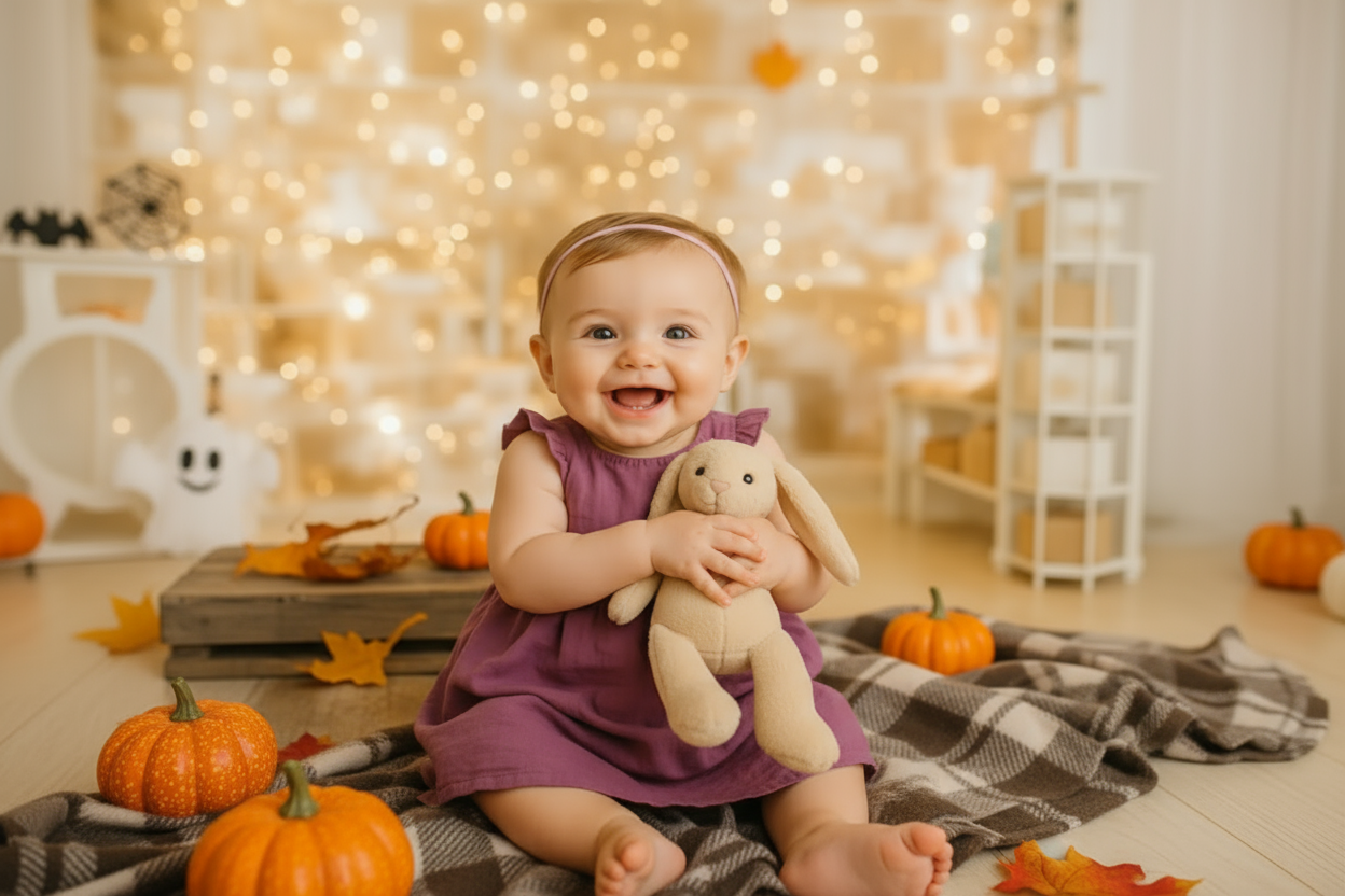 Bébé assis plus loin avec peluche lapin - Halloween