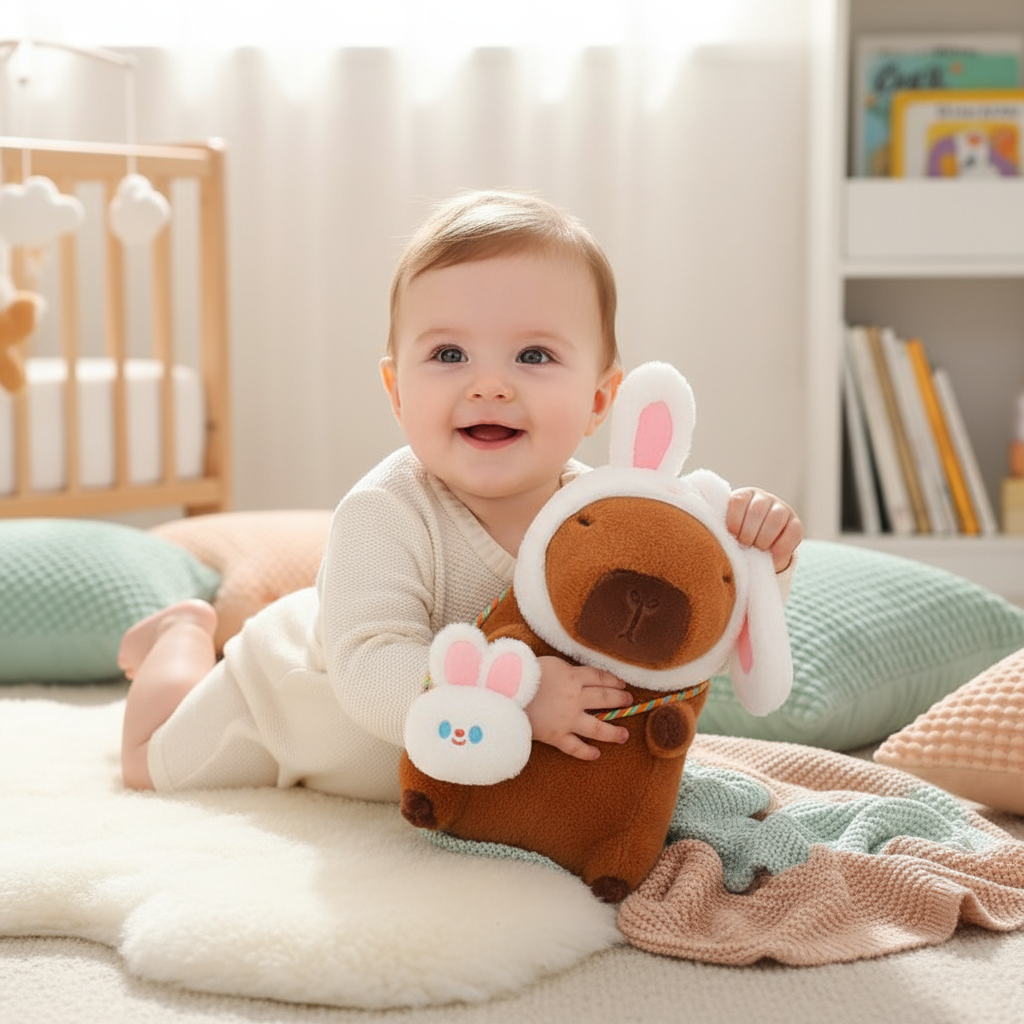 Bébé avec peluche capybara bonnet lapin