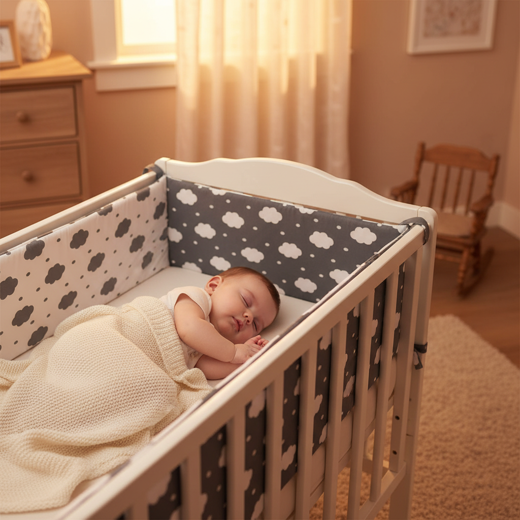 Bébé dormant avec tour de lit nuages blancs