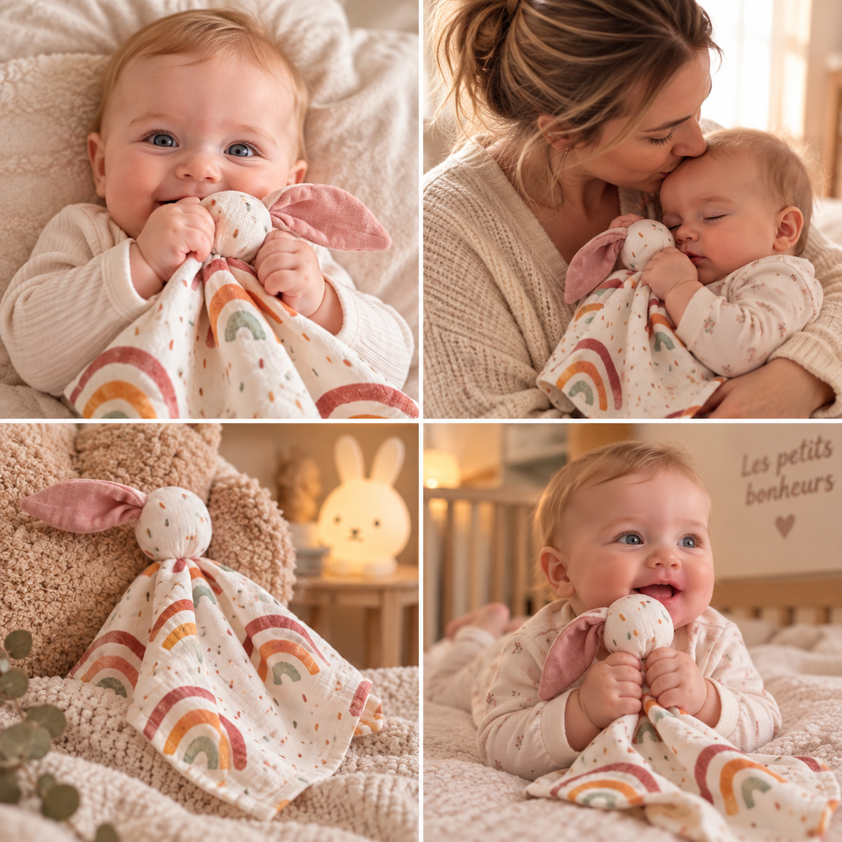 BEBE SOURIT AVEC DOUDOU BEBE LAPIN ARC-EN-CIEL