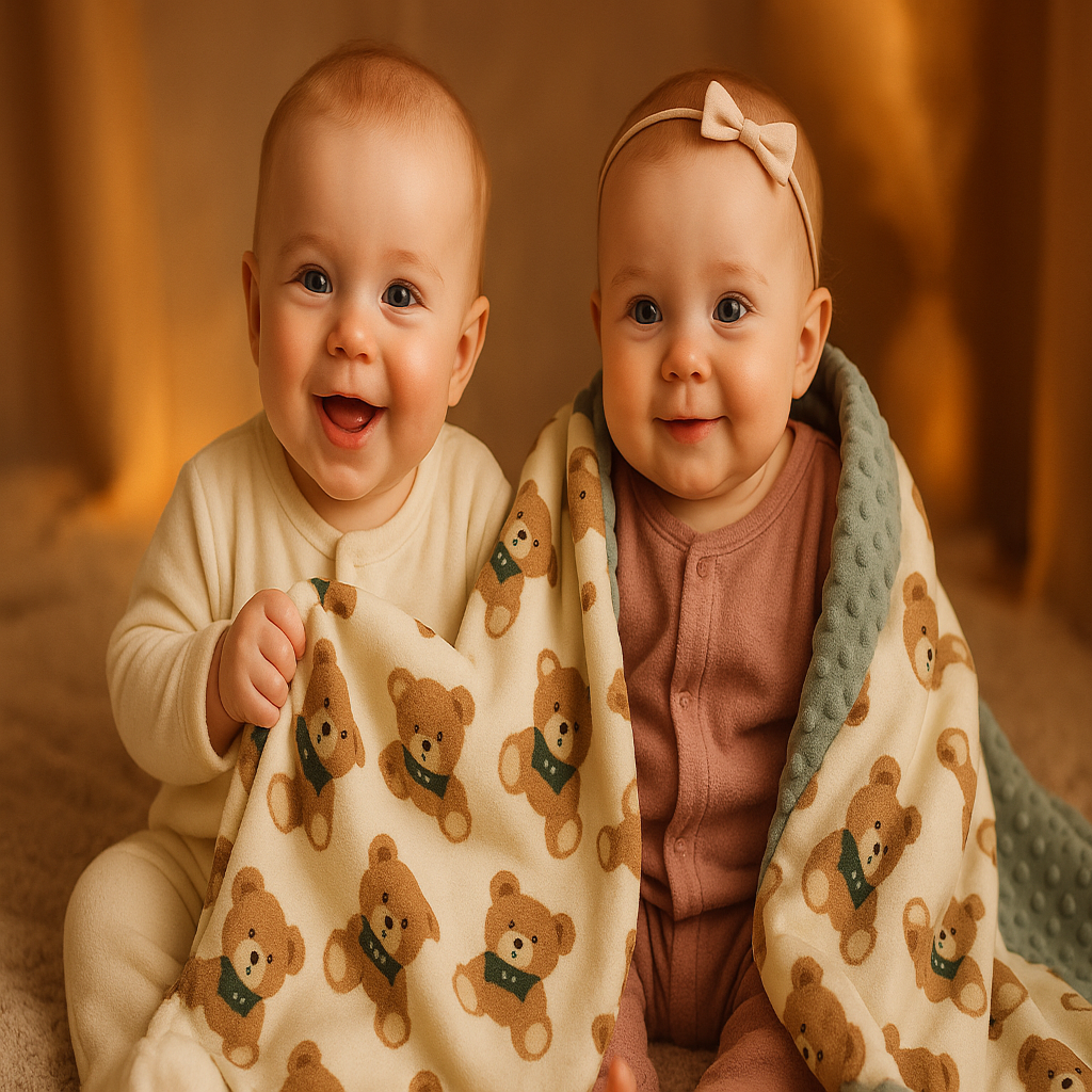 Bébés jumeaux avec couverture oursons chaleureuse
