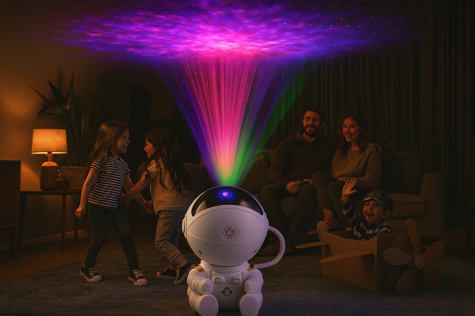 Famille profitant de la veilleuse projecteur astronaute