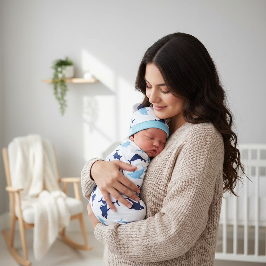 Maman avec bébé couverture emmaillotage baleines bleues