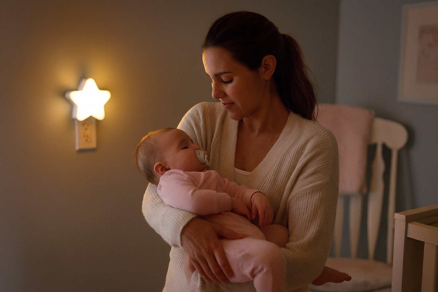 Maman berçant bébé avec veilleuse murale