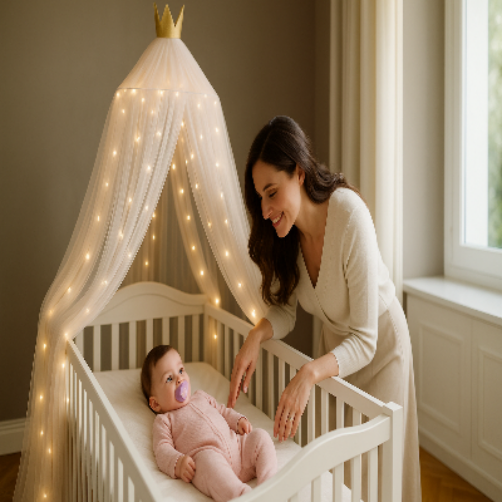 Maman et bébé fille avec ciel de lit lumineux