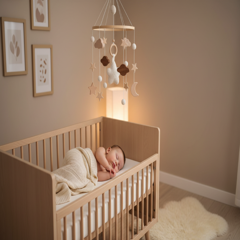 Mobile bébé étoile blanche avec bébé qui dort