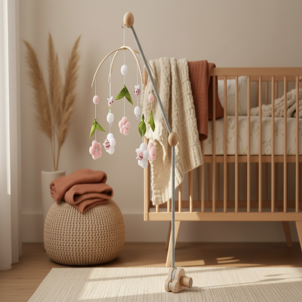 Mobile bébé fleurs roses accroché sur support bois