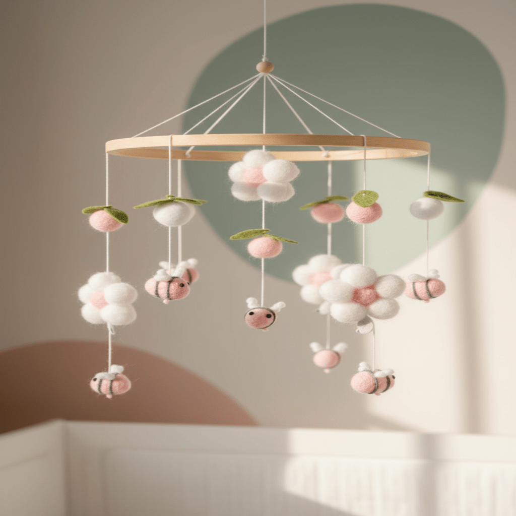 Mobile pour berceau abeilles rose et fleurs magique