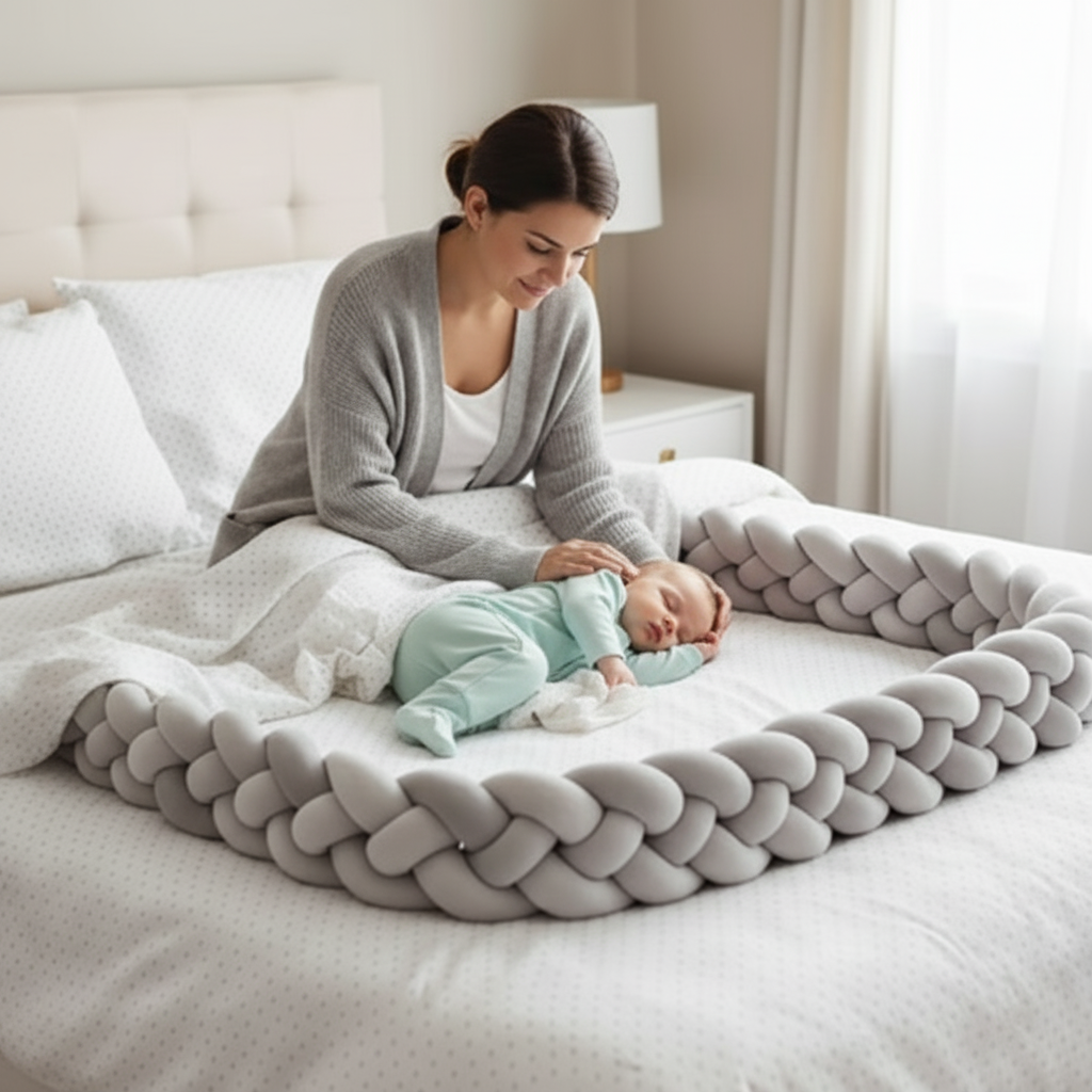 Tresse de lit grise chaleureuse avec maman et bébé