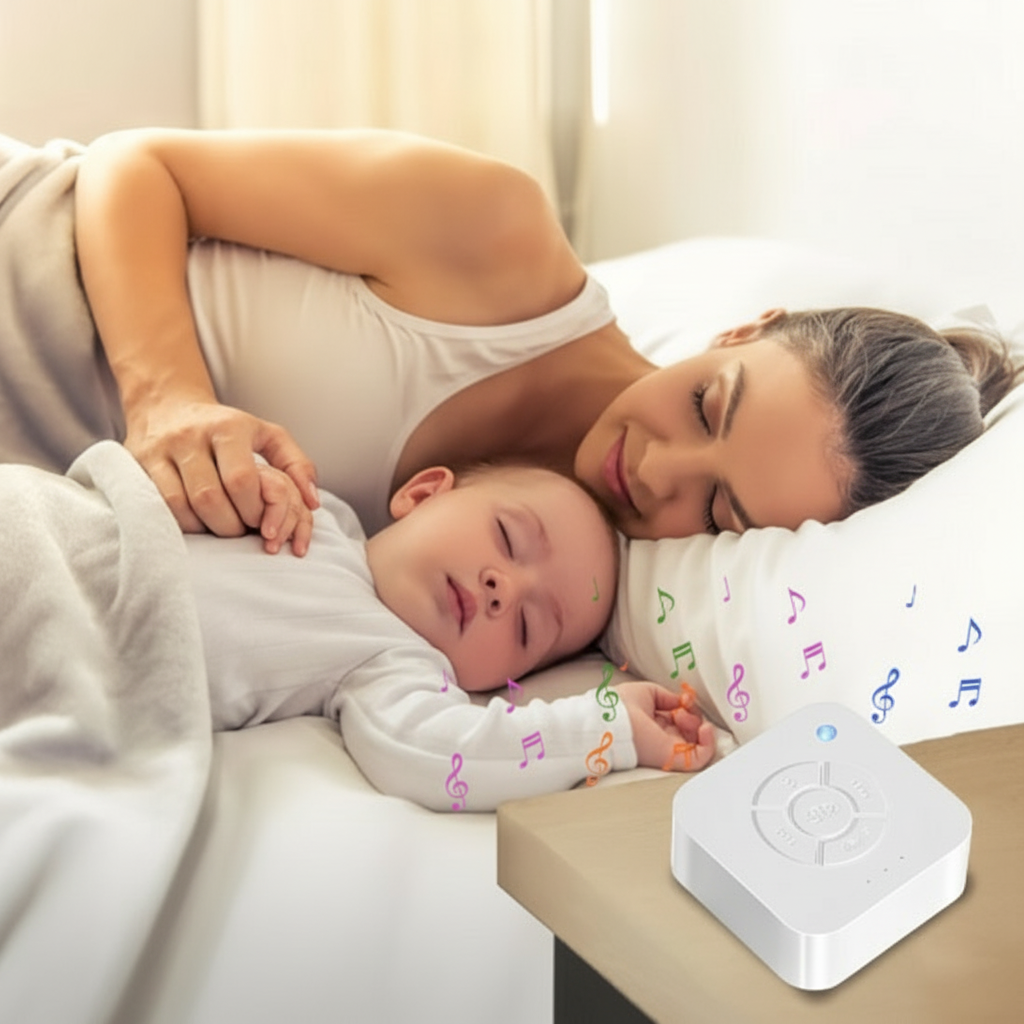 Veilleuse bruit blanc avec maman et bébé endormi