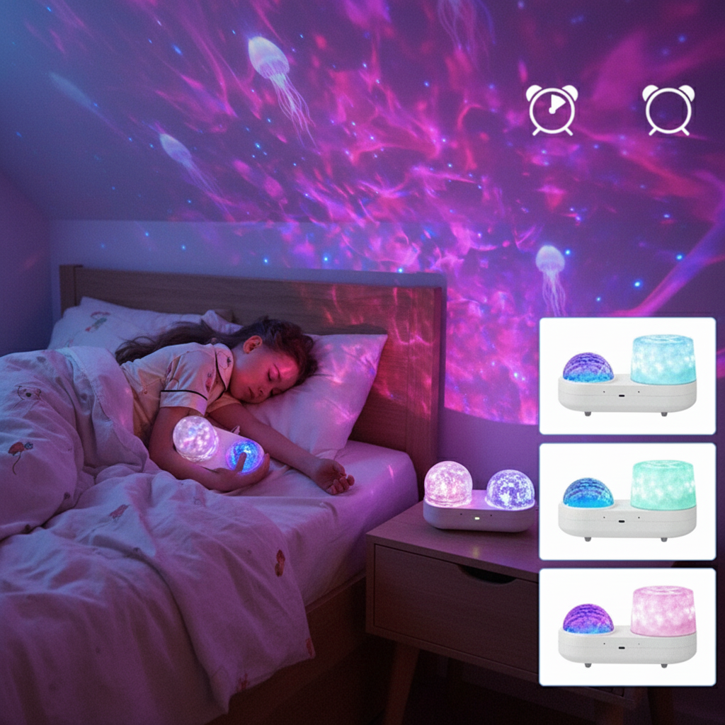 Veilleuse sur table de chevet avec enfant endormi