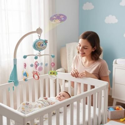 Maman et bébé avec  mobile musical bébé