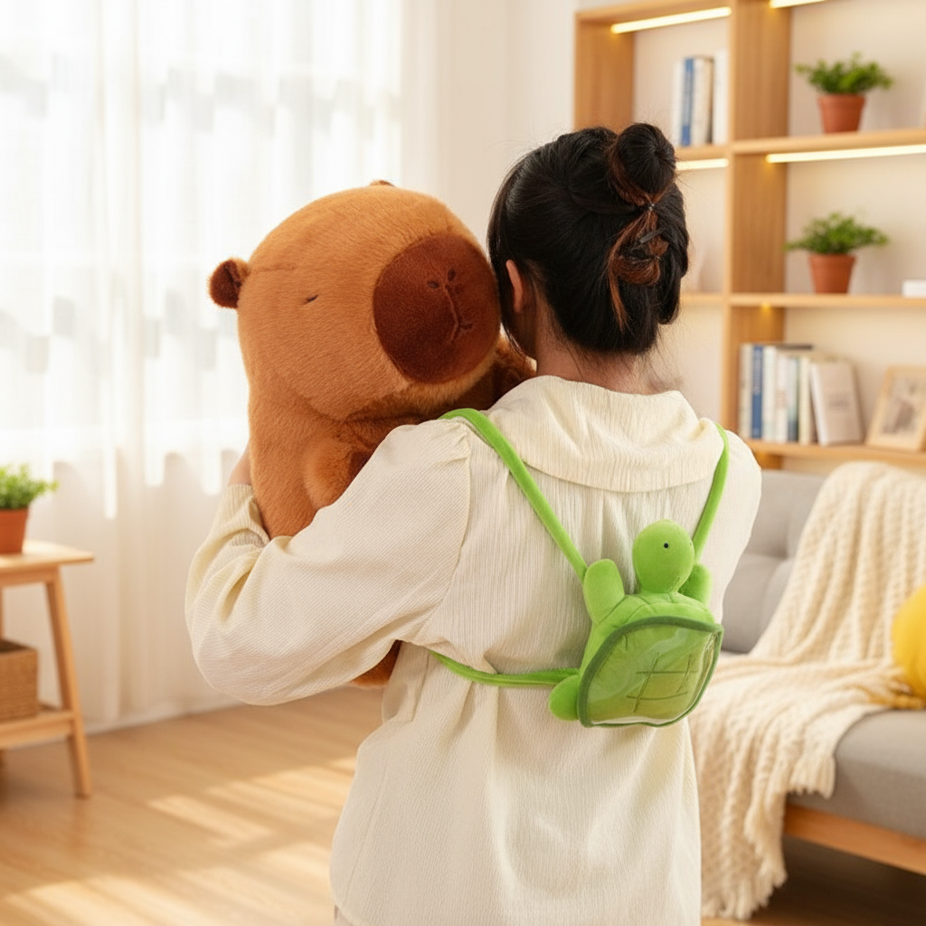 Adolescente avec sac à dos tortue et peluche capybara