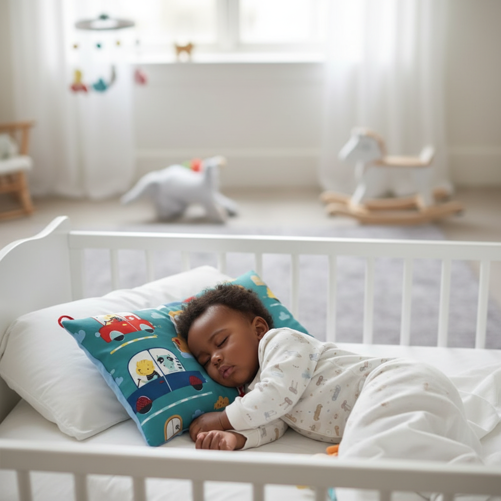 Bébé avec oreiller dans son lit