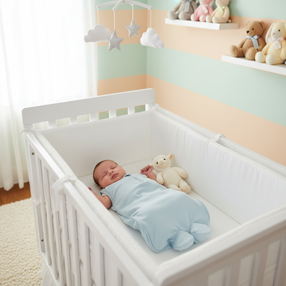 Bébé endormi avec tour de lit blanc