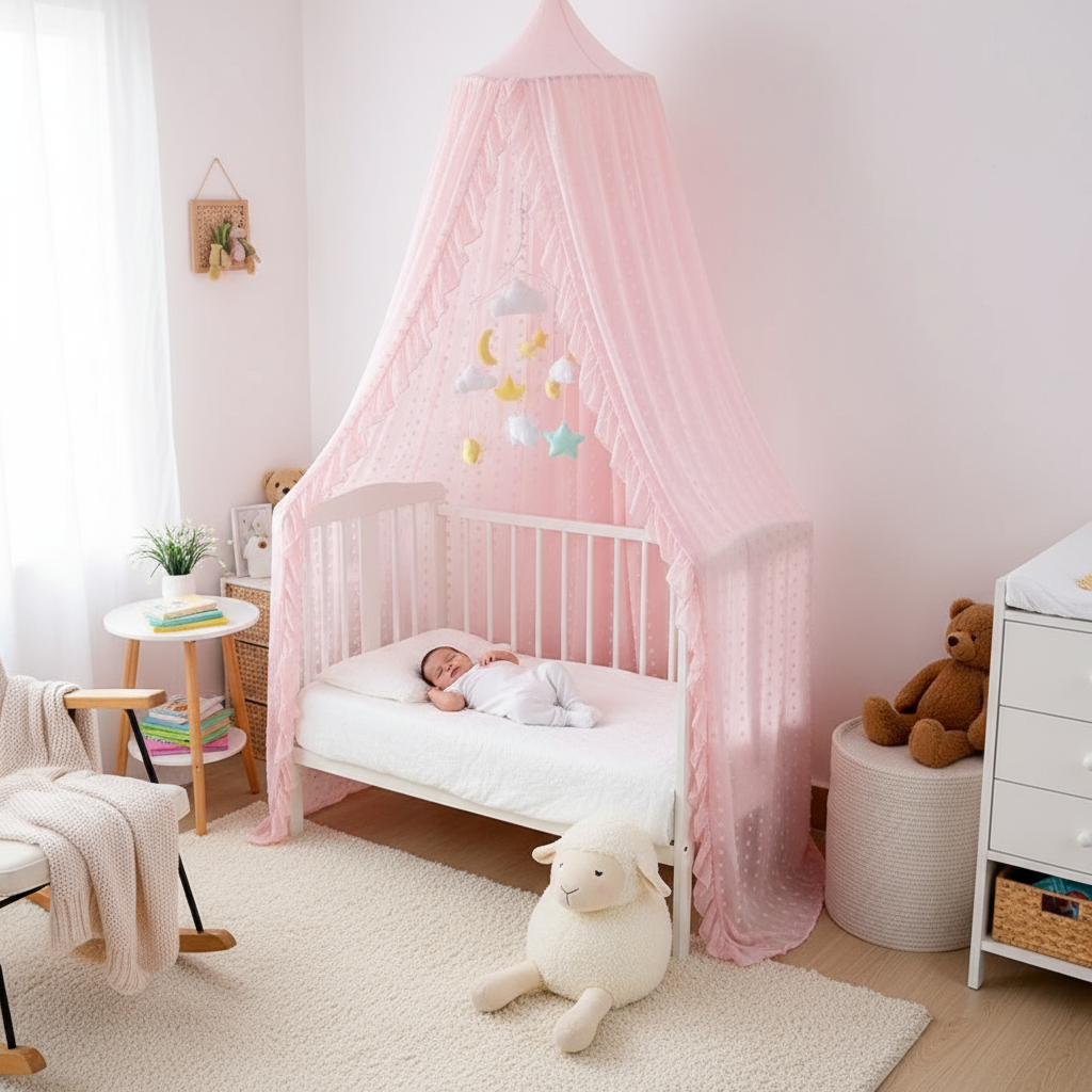 Bébé endormi sous le ciel de lit rose