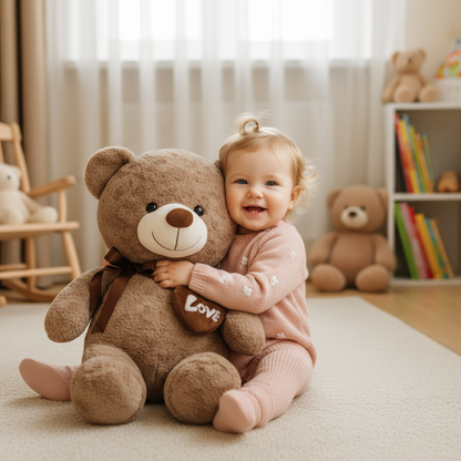 Bébé fille avec gros ours en peluche Love