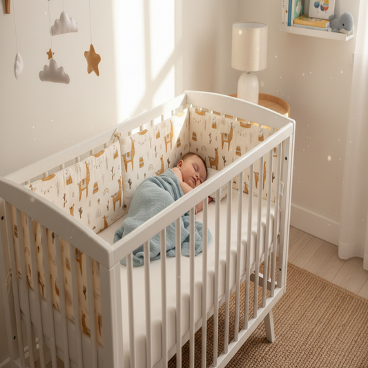 Bébé garçon avec tour de lit girafe - lit rectangulaire