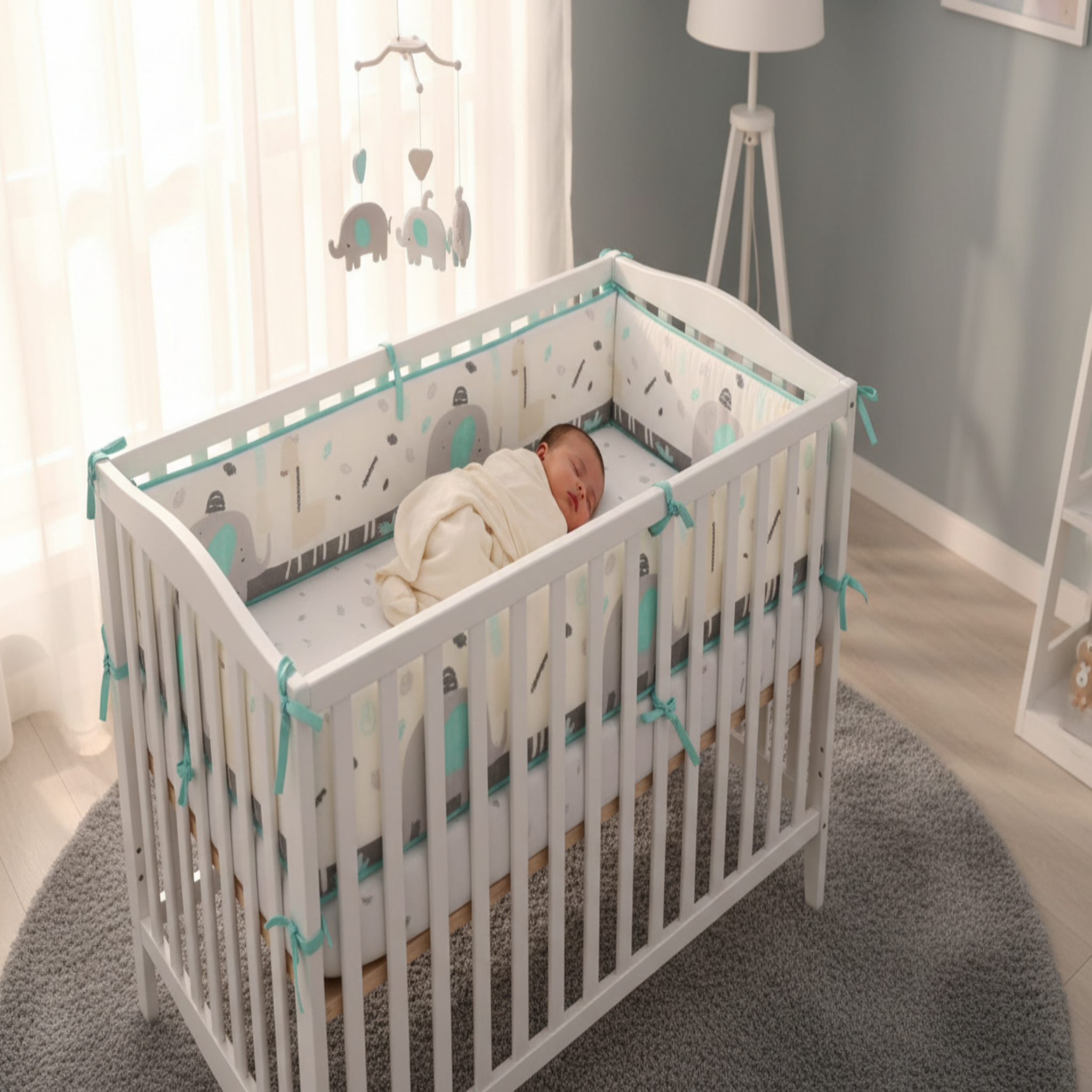 Bébé paisible avec tour de lit menthe et blanc