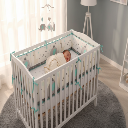 Bébé paisible avec tour de lit menthe et blanc