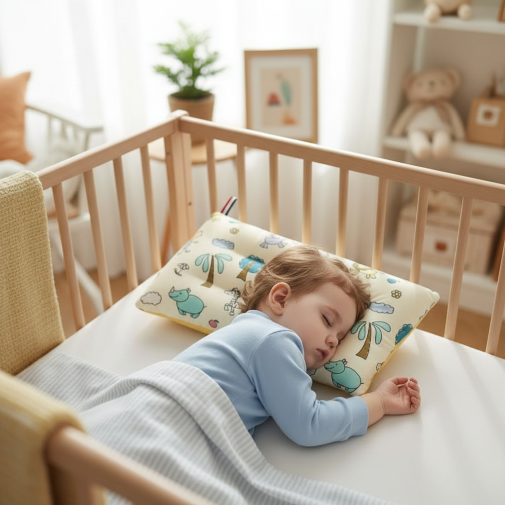 Bébé 10 mois endormi avec oreiller enfant 