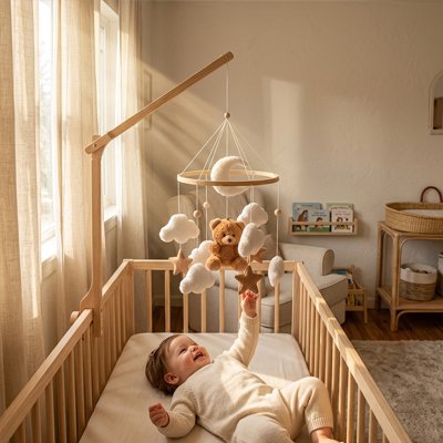 Bébé allonger dans lit avec mobile bébé ourson brun 