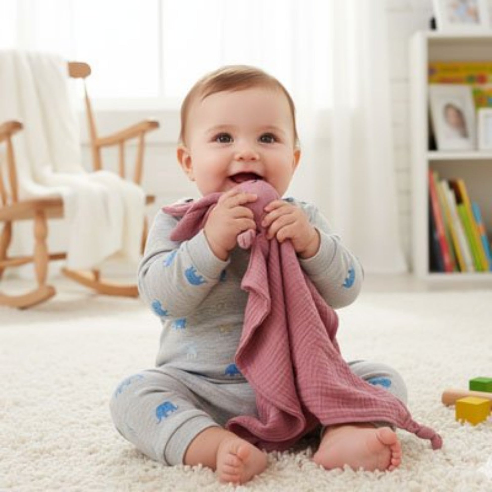 Bébé assit avec doudou lapin rose doux