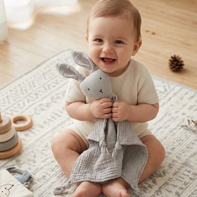 Bébé assit colle doudou lapin gris 