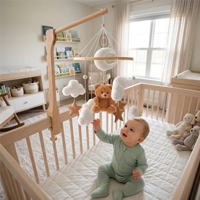 Bébé assit dans lit attrape mobile bebe ourson 