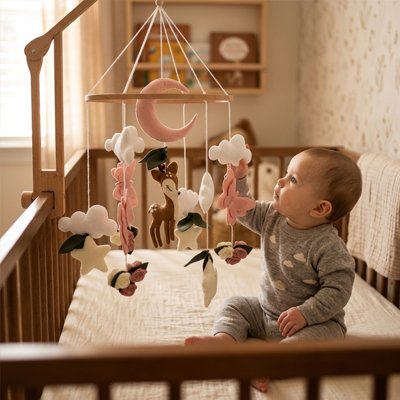 Bébé assit dans lit avec mobile bébé cerf