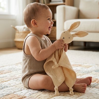Bébé assit dans salon avec doudou lapin beige 