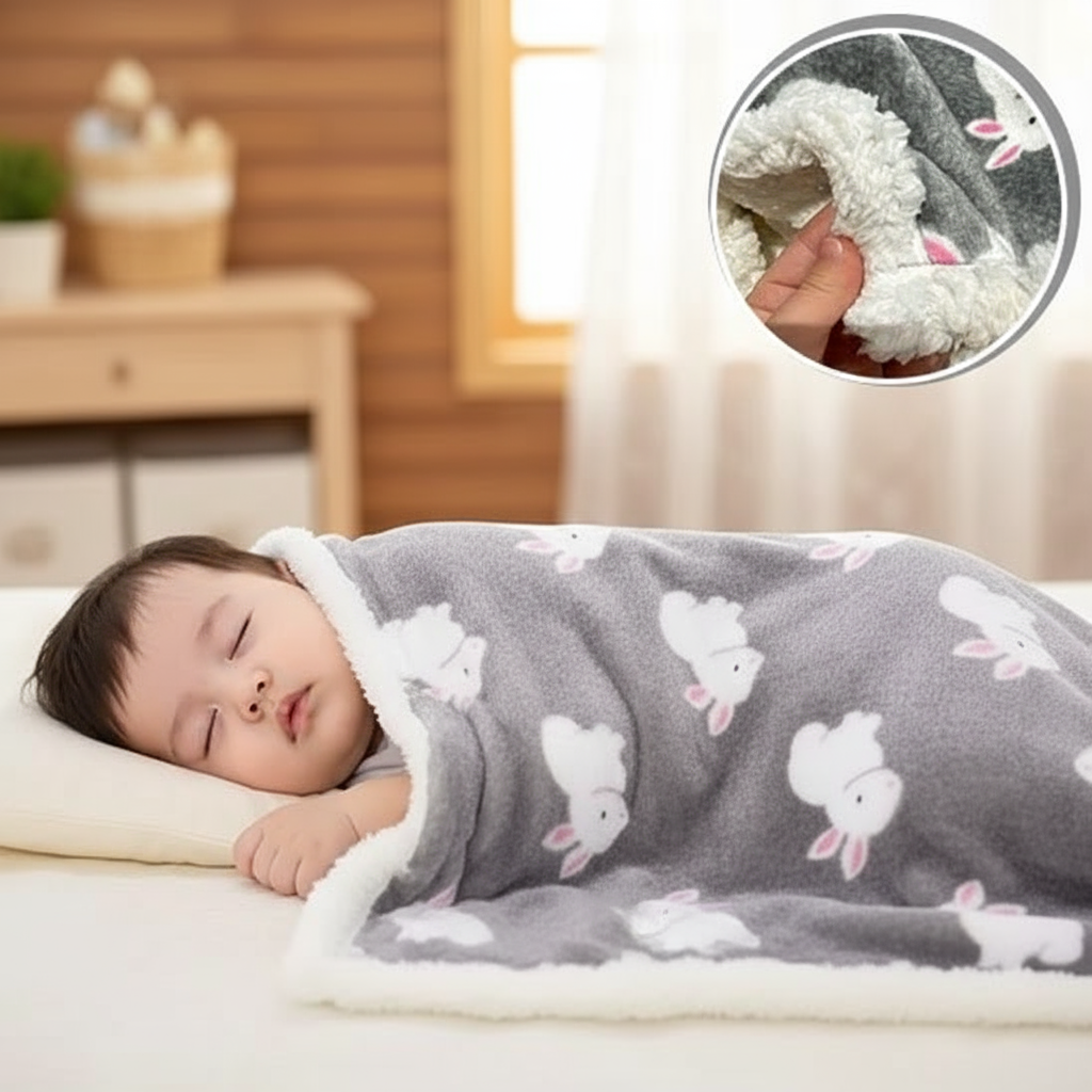 Bébé avec couverture grise à lapins blancs