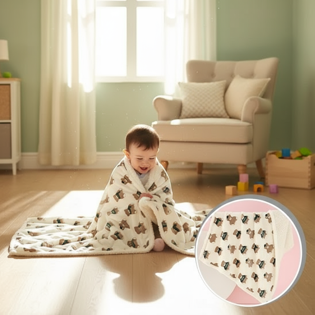 Bébé avec couverture à oursons brun 