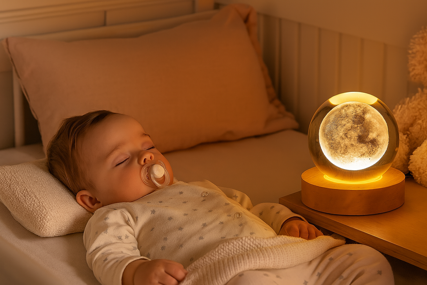 Bébé avec sucette et lampe lune