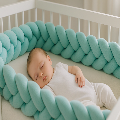 Bébé avec tresse de lit turquoise