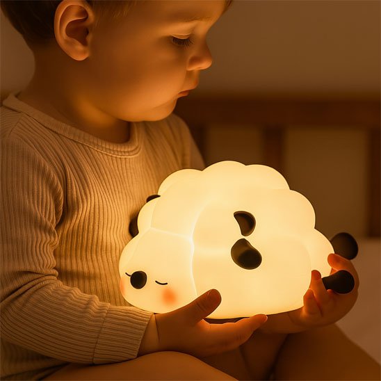 Bébé avec veilleuse mouton
