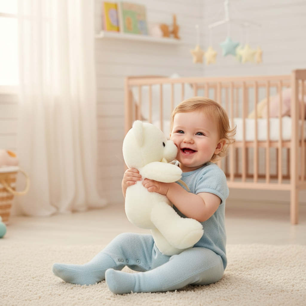 Bébé câlinant l'ours en peluche beige