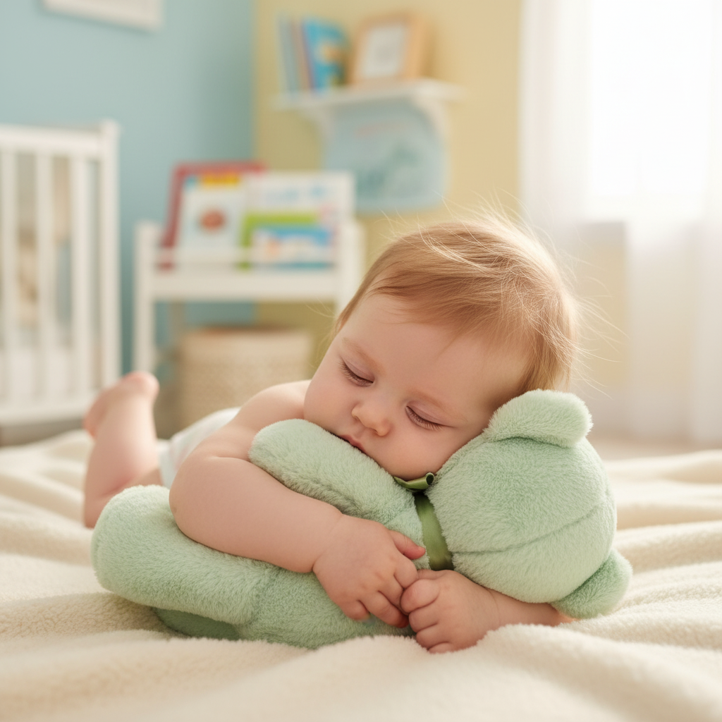 Bébé câlinant l'ours en peluche vert menthe