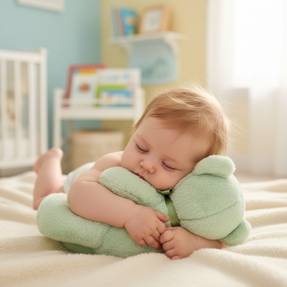 Bébé câlinant l'ours en peluche vert menthe