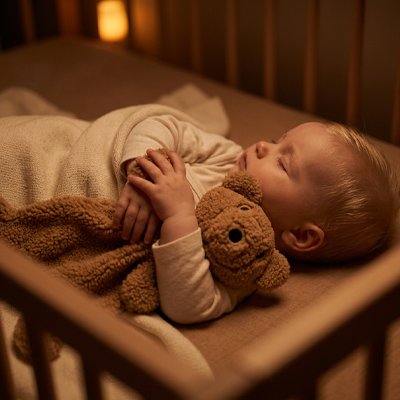 Bébé coller contre doudou ourson brun