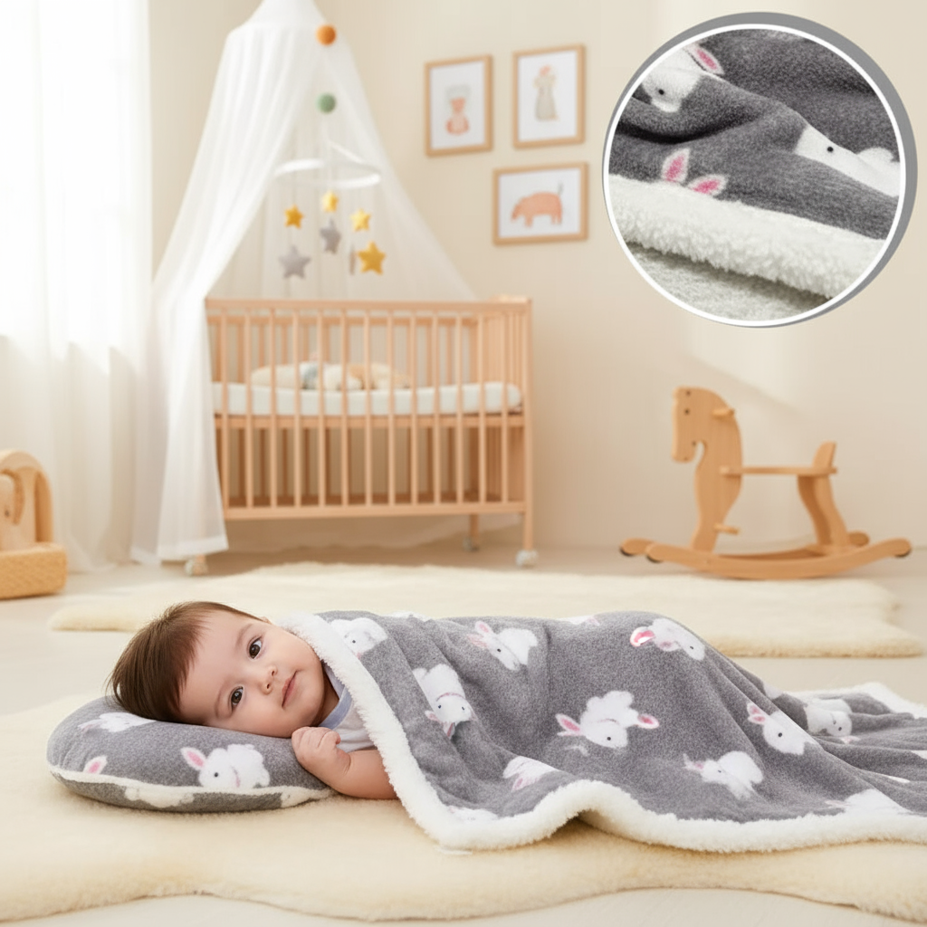 BEBE COUCHER SOURIANT AVEC COUVERTURE GRISE AVEC LAPIN 