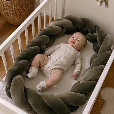Bébé dans lit avec tresse de lit marron 