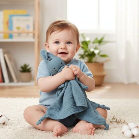 Bébé donne câlin doudou lapin bleu