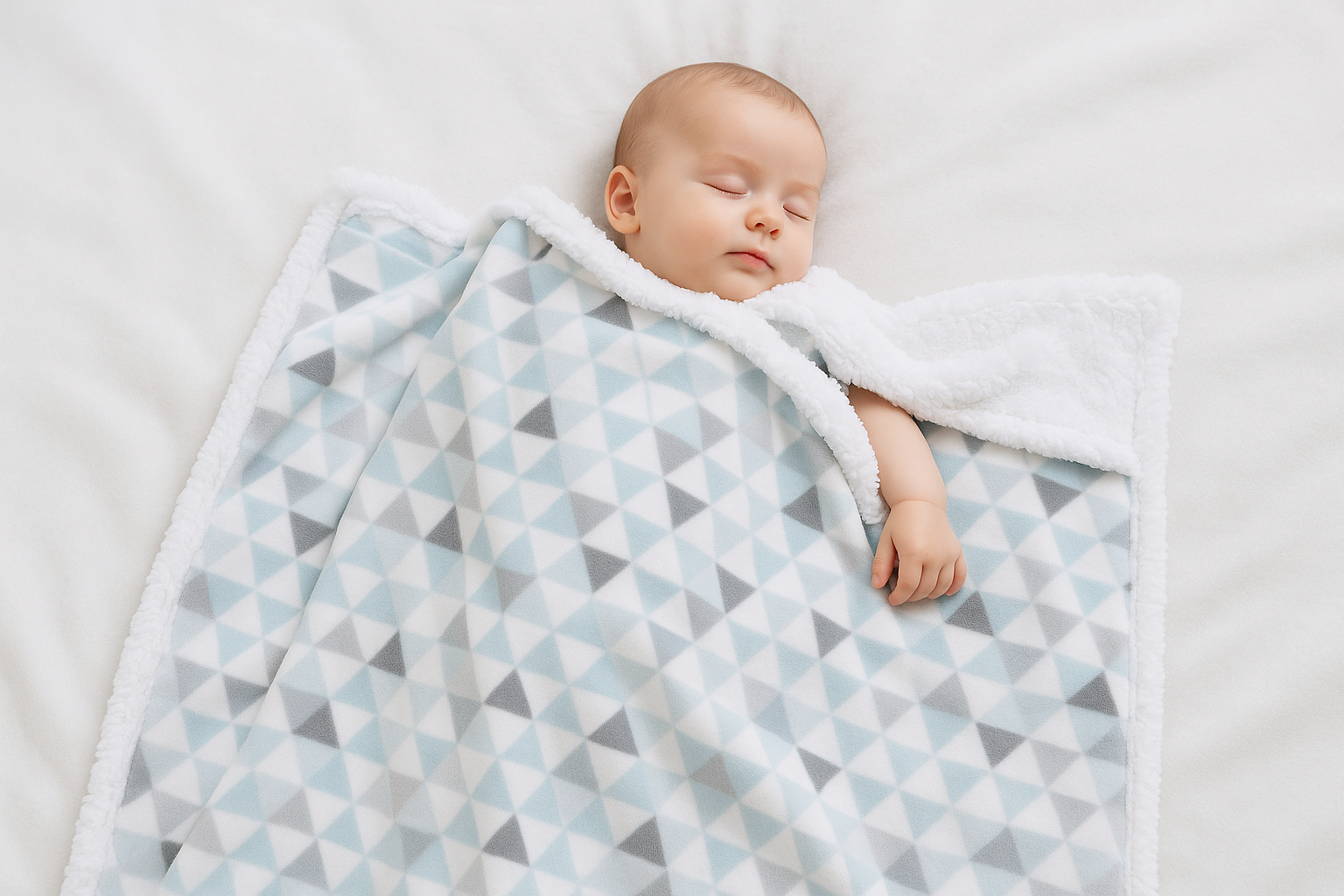 Bébé dormant avec couverture gris  bleu et noir