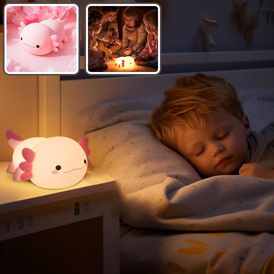 Bébé dormant paisiblement avec veilleuse axolotl DouceDodo