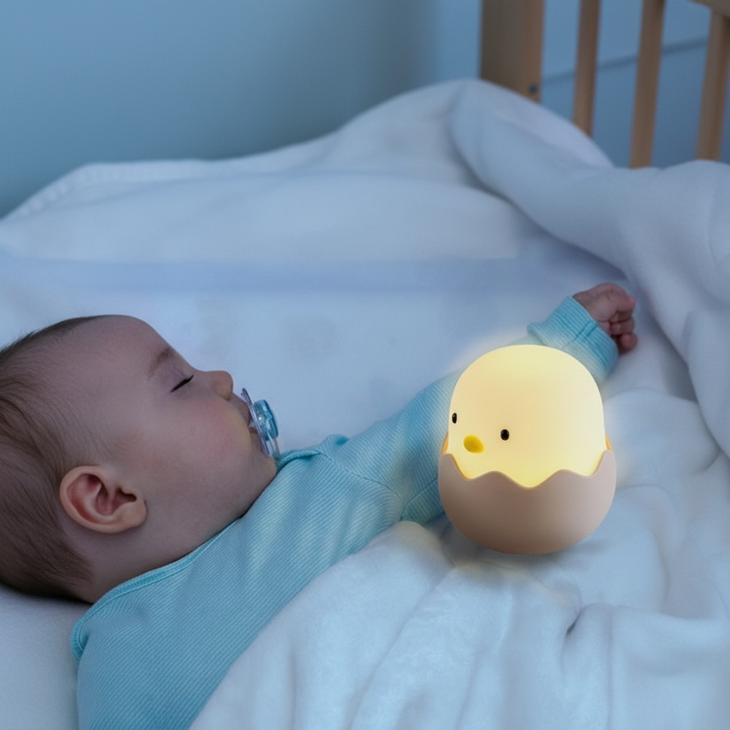 Bébé dort paisiblement avec veilleuse poussin