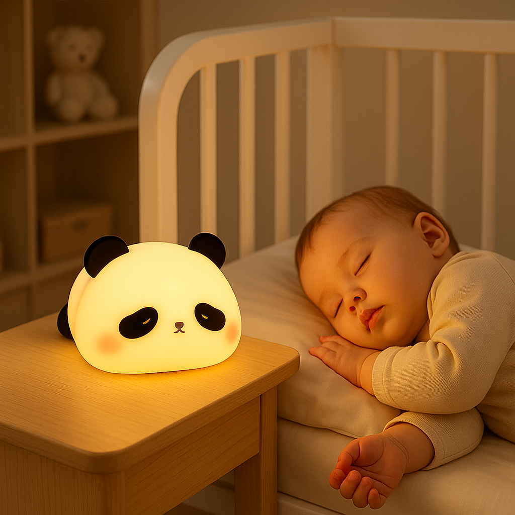 Bébé dort sereinement avec veilleuse panda