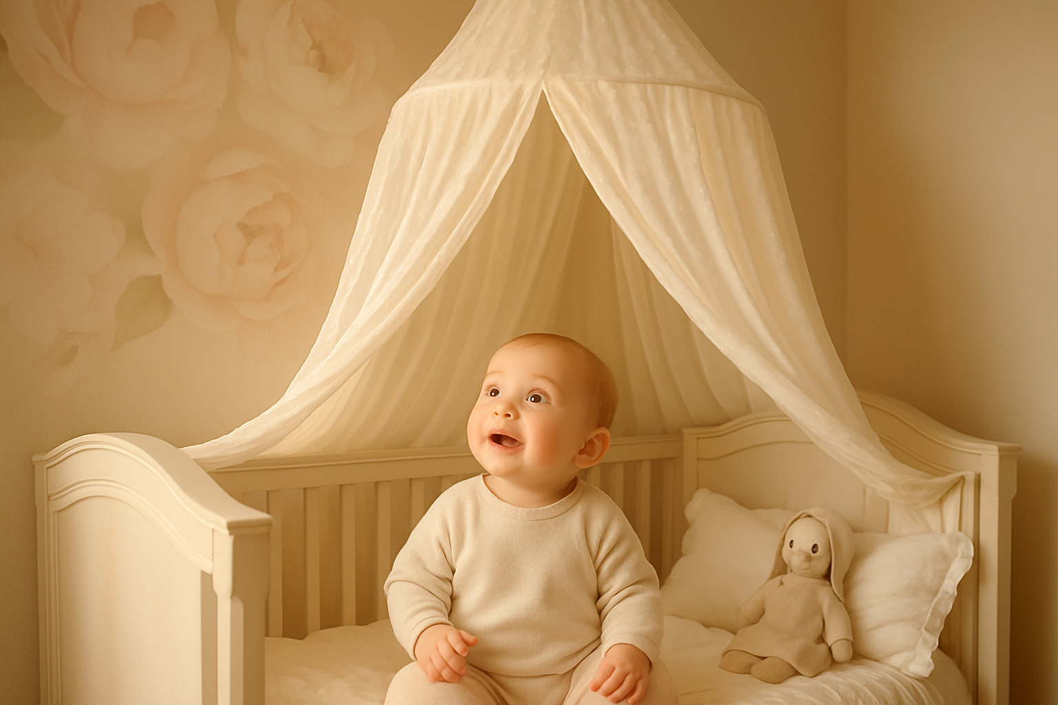 Bébé émerveillé découvrant son ciel de lit blanc magique
