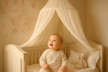 Bébé émerveillé découvrant son ciel de lit blanc magique