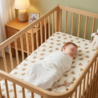 Bébé emmailloté sur drap housse lit bébé